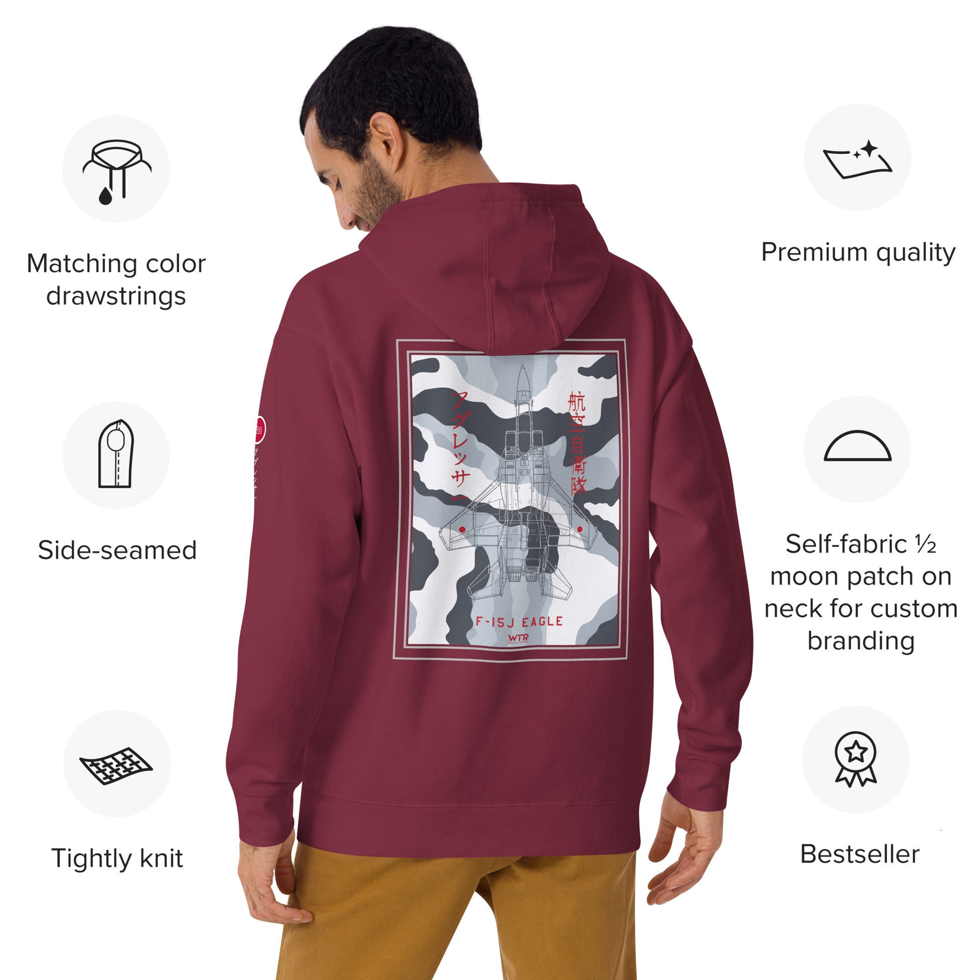 Hand-drawn technical schematic of the Mitsubishi F-15J Eagle JSDAF Aggressor camouflage livery printed on a unisex hoodie.