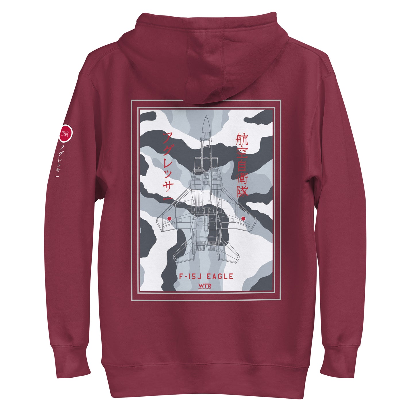 Hand-drawn technical schematic of the Mitsubishi F-15J Eagle JSDAF Aggressor camouflage livery printed on a unisex hoodie.
