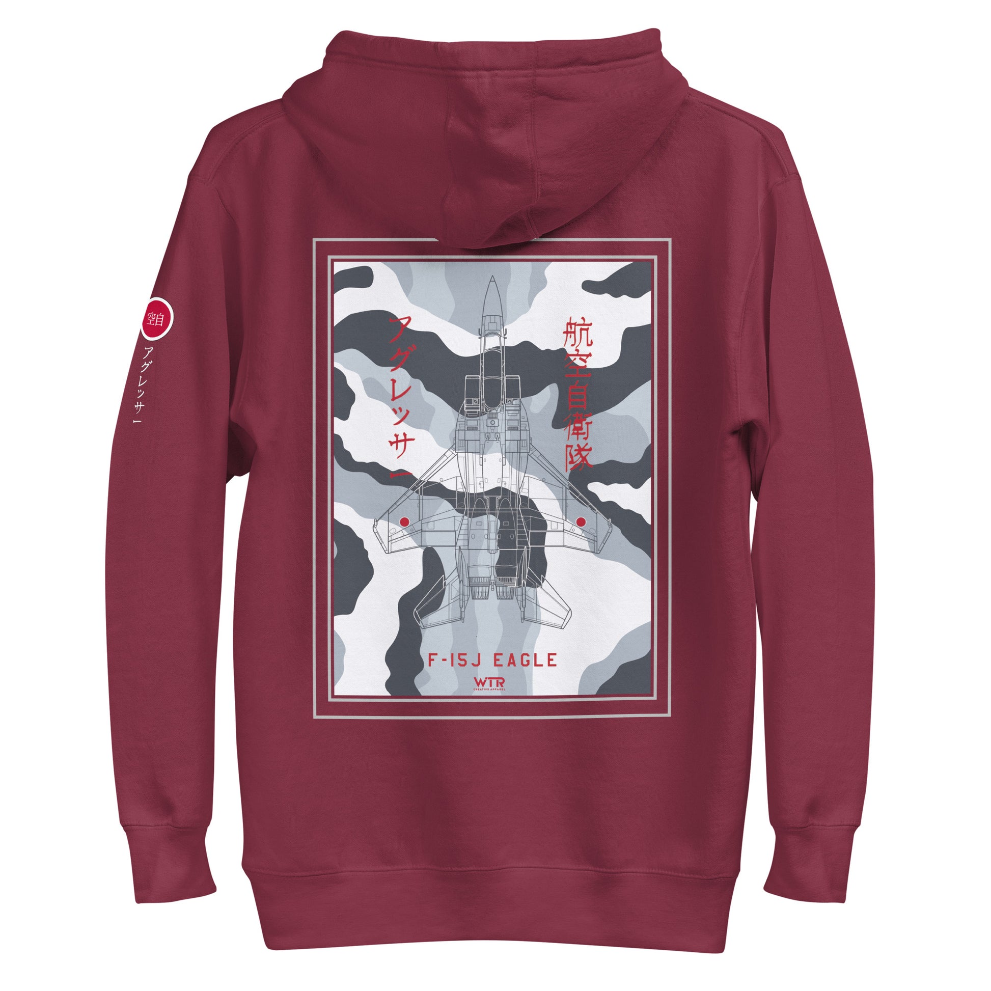 Hand-drawn technical schematic of the Mitsubishi F-15J Eagle JSDAF Aggressor camouflage livery printed on a unisex hoodie.