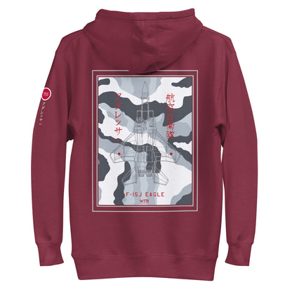 Hand-drawn technical schematic of the Mitsubishi F-15J Eagle JSDAF Aggressor camouflage livery printed on a unisex hoodie.