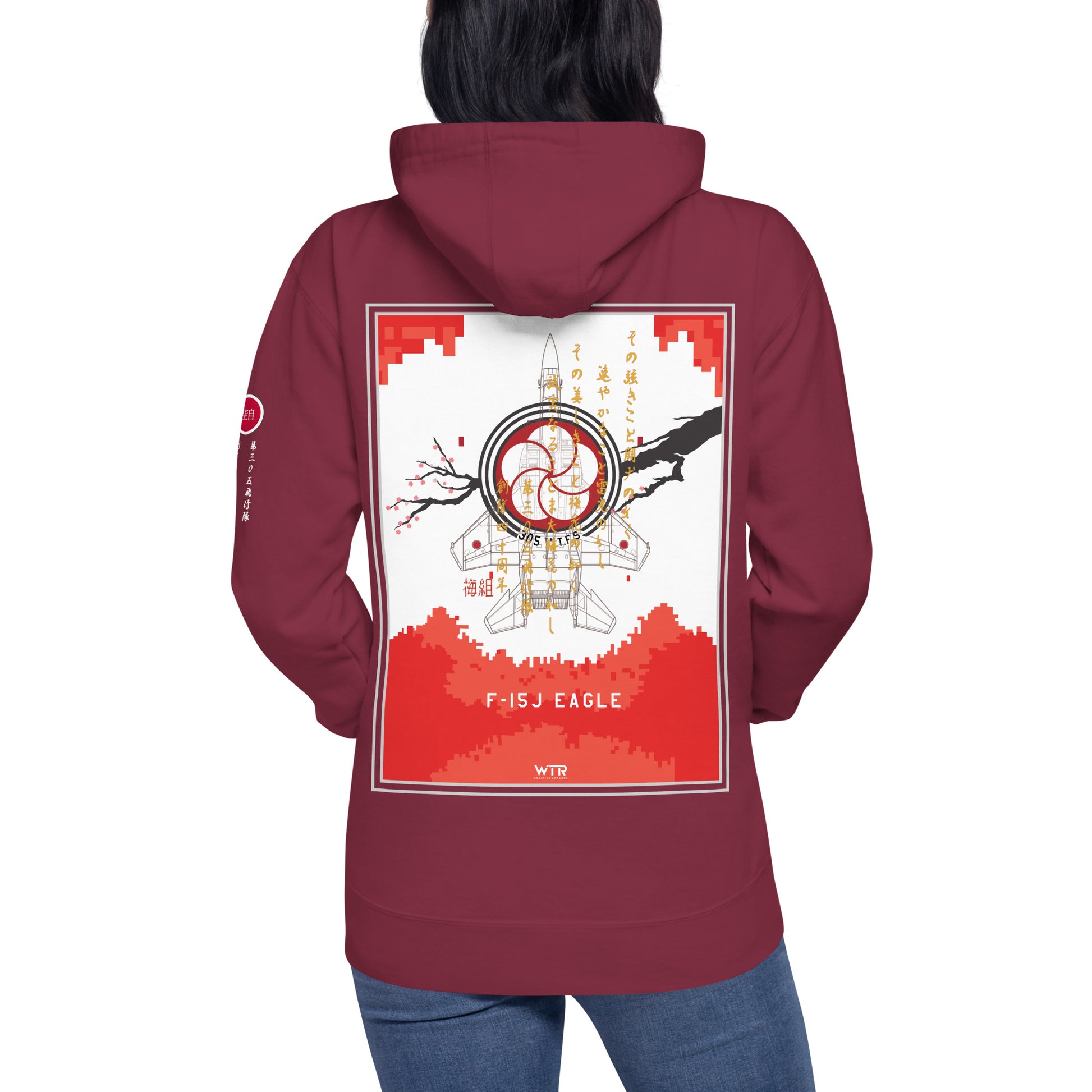 Hand-drawn schematic of the Mitsubishi F-15J Eagle 305th Tactical Fighter Squadron 40 Years Anniversary livery on a unisex hoodie.