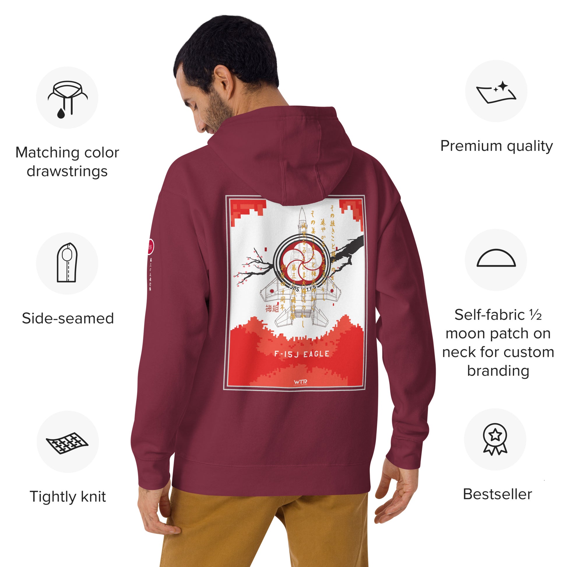 Hand-drawn schematic of the Mitsubishi F-15J Eagle 305th Tactical Fighter Squadron 40 Years Anniversary livery on a unisex hoodie.
