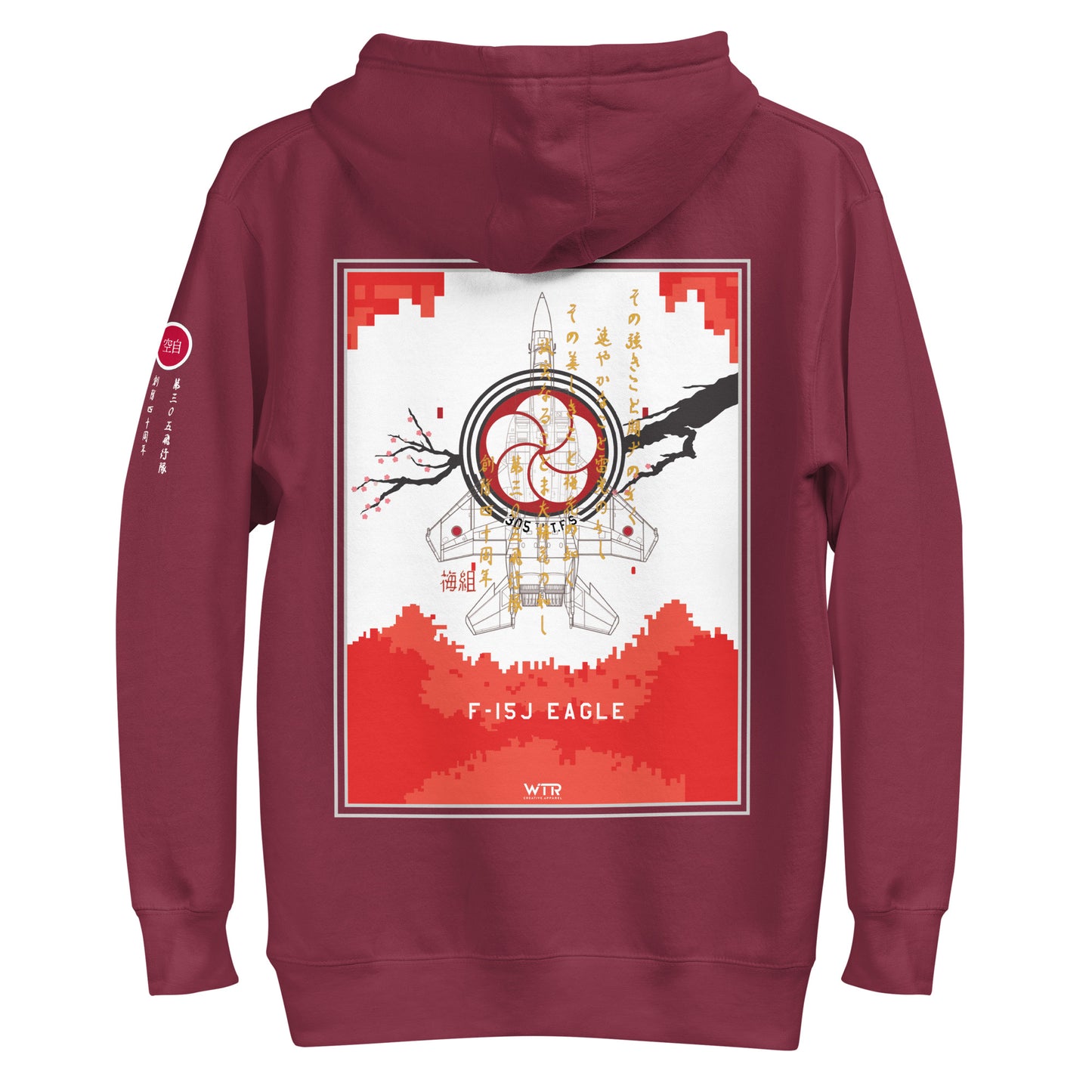 Hand-drawn schematic of the Mitsubishi F-15J Eagle 305th Tactical Fighter Squadron 40 Years Anniversary livery on a unisex hoodie.