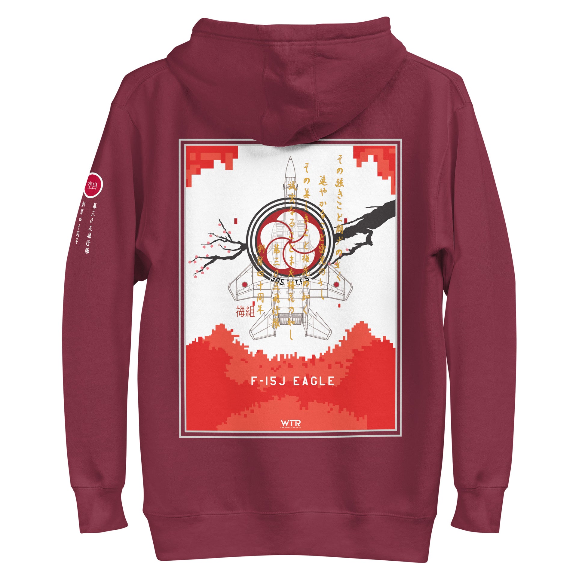 Hand-drawn schematic of the Mitsubishi F-15J Eagle 305th Tactical Fighter Squadron 40 Years Anniversary livery on a unisex hoodie.