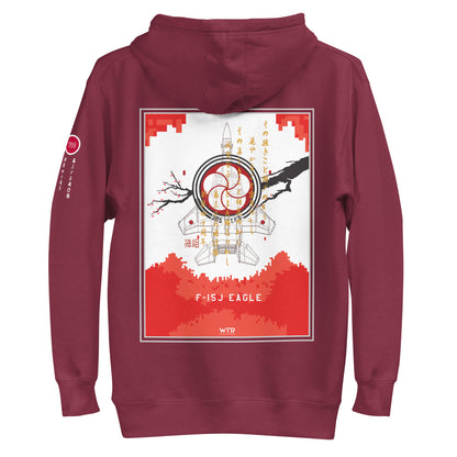 Hand-drawn schematic of the Mitsubishi F-15J Eagle 305th Tactical Fighter Squadron 40 Years Anniversary livery on a unisex hoodie.