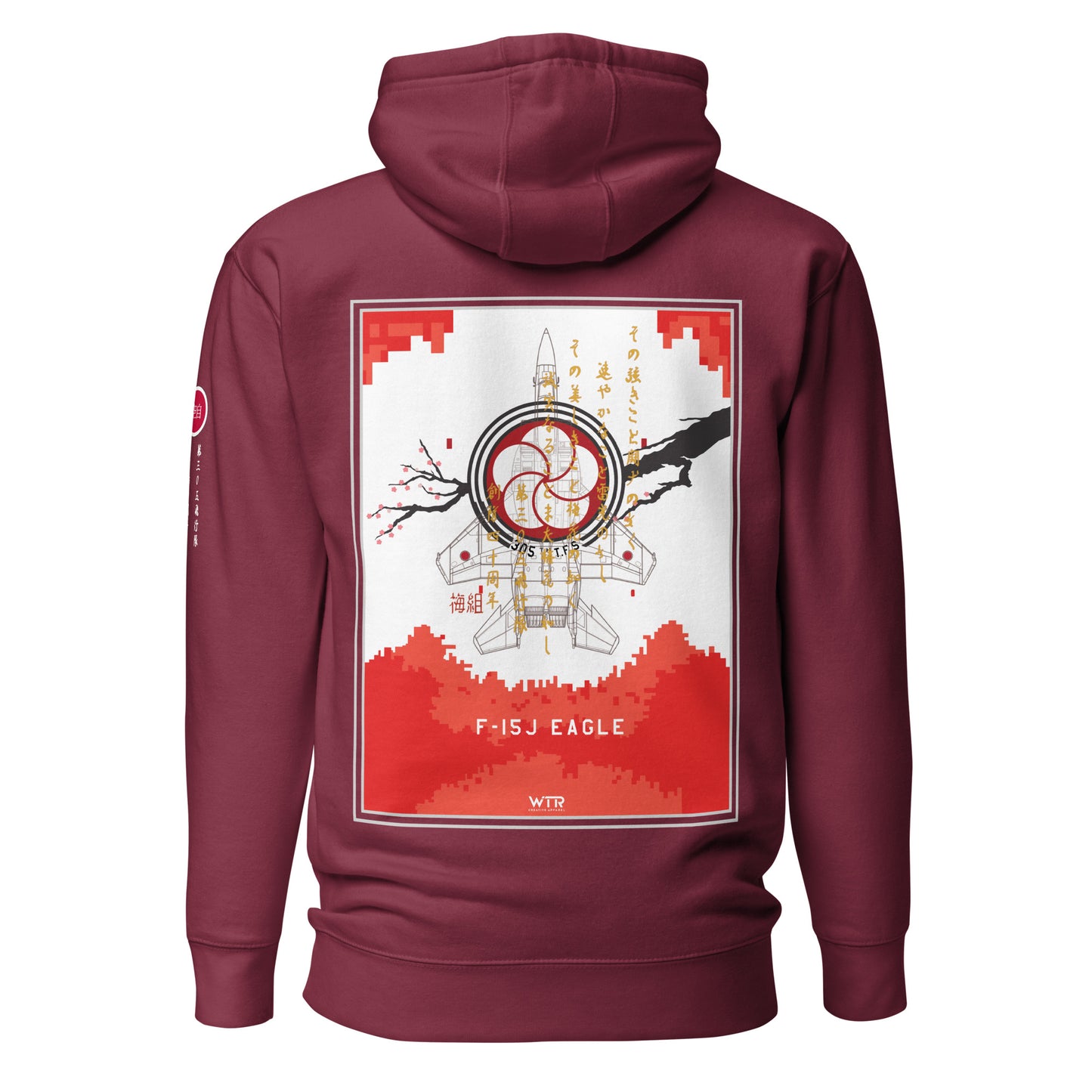 Hand-drawn schematic of the Mitsubishi F-15J Eagle 305th Tactical Fighter Squadron 40 Years Anniversary livery on a unisex hoodie.
