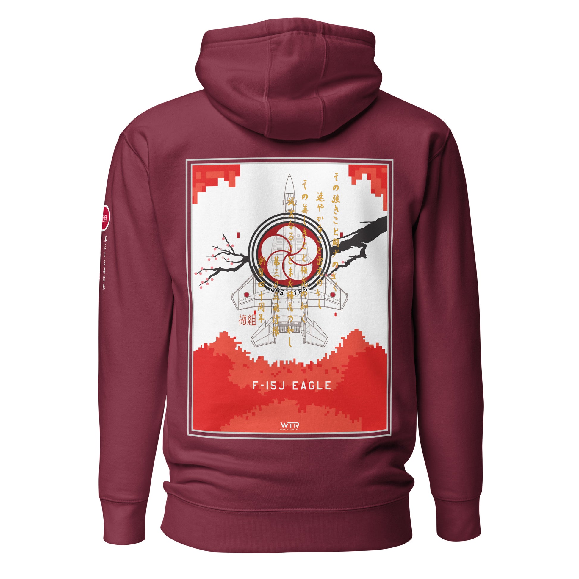 Hand-drawn schematic of the Mitsubishi F-15J Eagle 305th Tactical Fighter Squadron 40 Years Anniversary livery on a unisex hoodie.