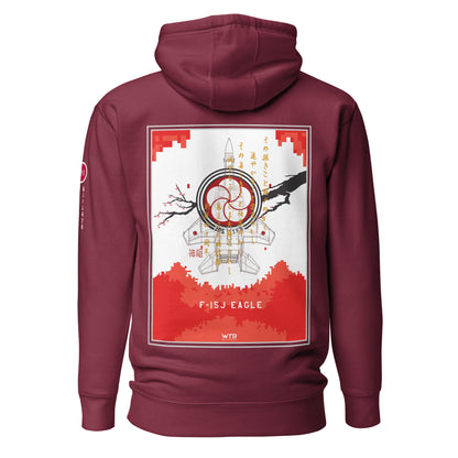 Hand-drawn schematic of the Mitsubishi F-15J Eagle 305th Tactical Fighter Squadron 40 Years Anniversary livery on a unisex hoodie.