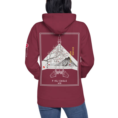 Hand-drawn schematic of the Mitsubishi F-15J Eagle 305th Tactical Fighter Squadron 50 Years Anniversary livery on a unisex hoodie.