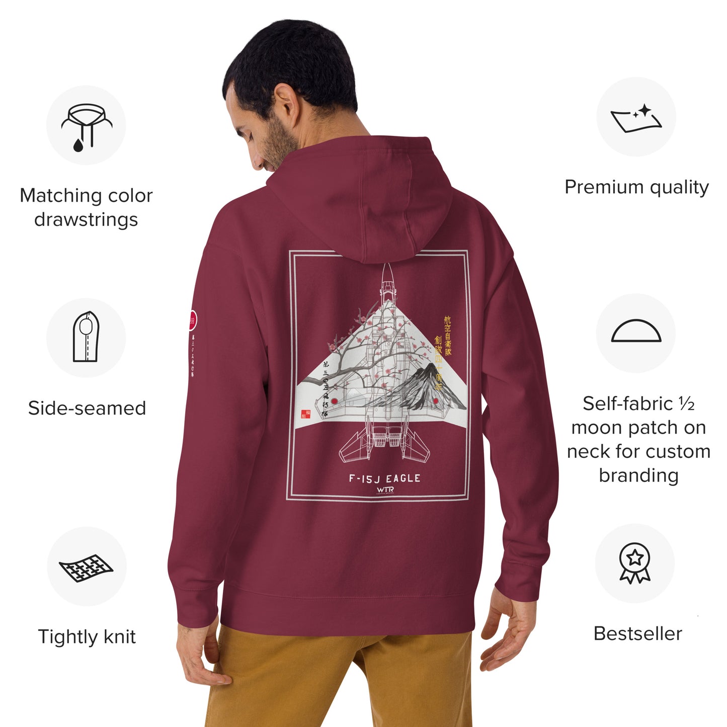 Hand-drawn schematic of the Mitsubishi F-15J Eagle 305th Tactical Fighter Squadron 50 Years Anniversary livery on a unisex hoodie.
