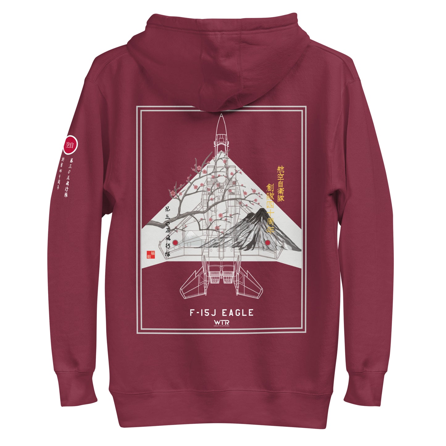 Hand-drawn schematic of the Mitsubishi F-15J Eagle 305th Tactical Fighter Squadron 50 Years Anniversary livery on a unisex hoodie.