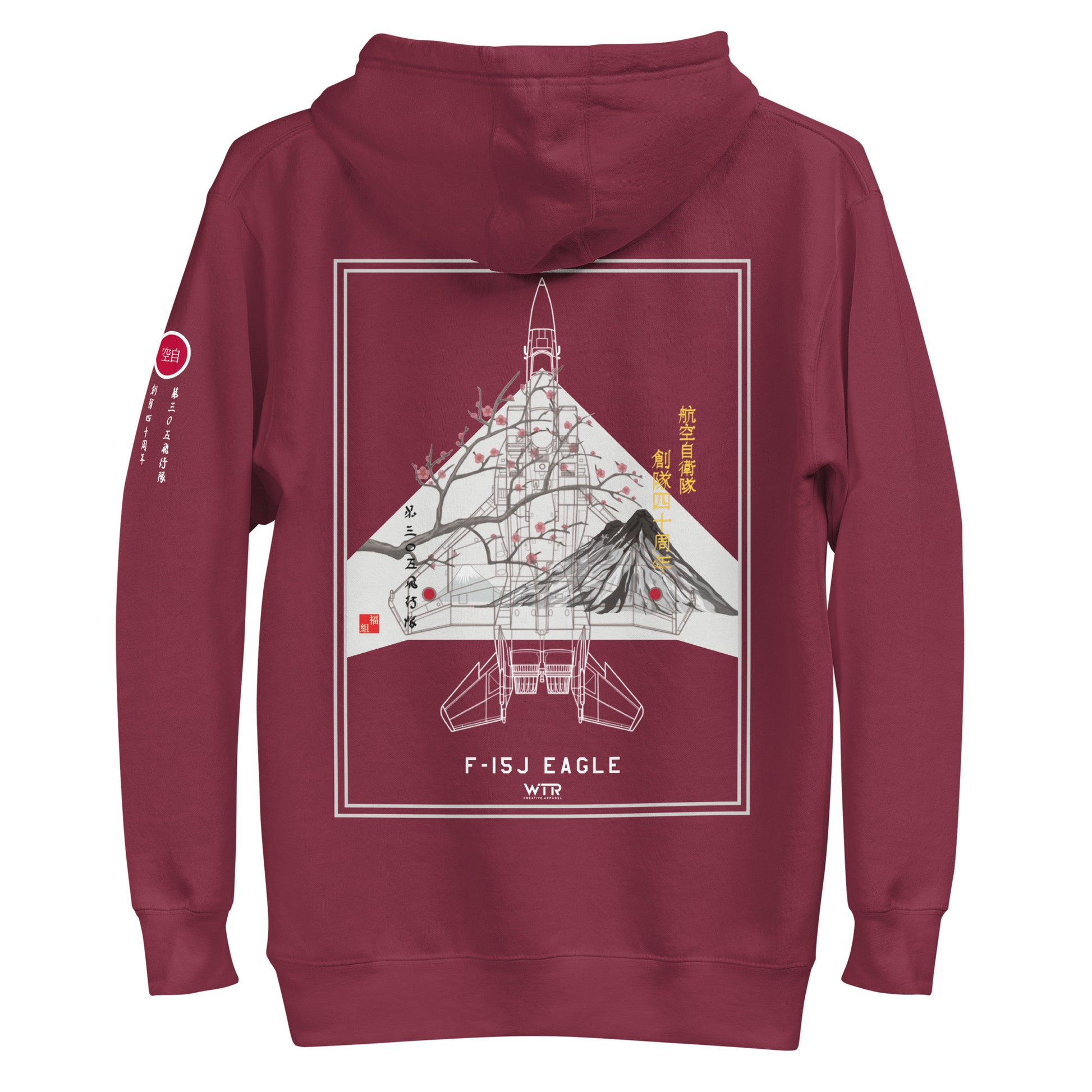 Hand-drawn schematic of the Mitsubishi F-15J Eagle 305th Tactical Fighter Squadron 50 Years Anniversary livery on a unisex hoodie.
