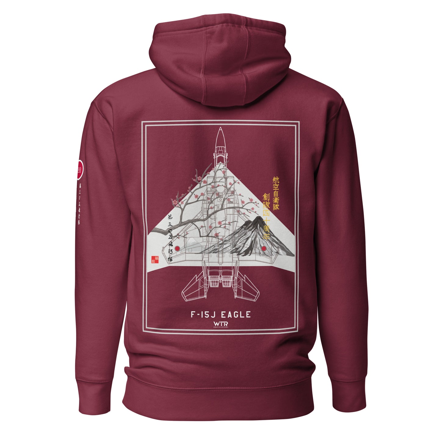 Hand-drawn schematic of the Mitsubishi F-15J Eagle 305th Tactical Fighter Squadron 50 Years Anniversary livery on a unisex hoodie.