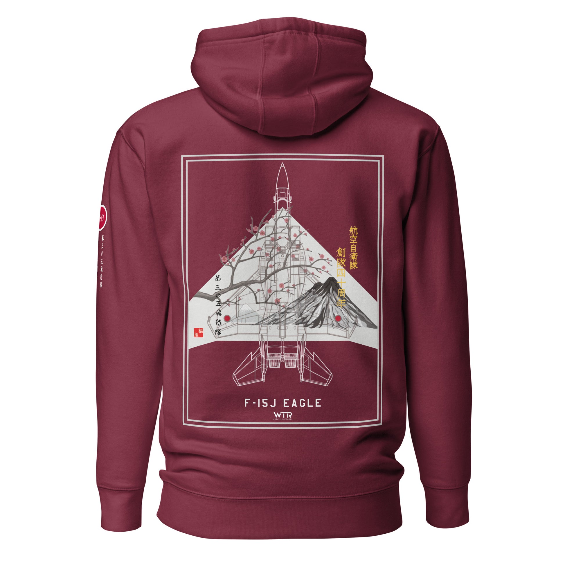 Hand-drawn schematic of the Mitsubishi F-15J Eagle 305th Tactical Fighter Squadron 50 Years Anniversary livery on a unisex hoodie.