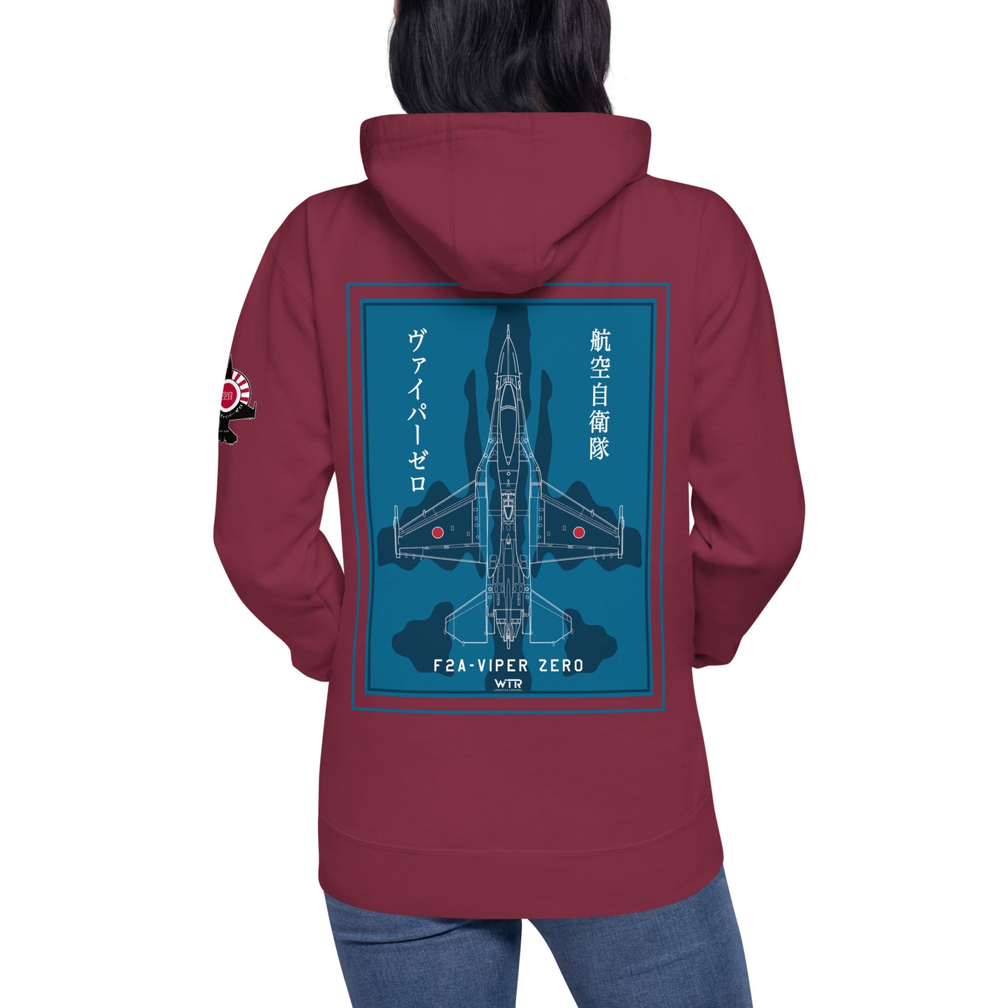 Hand-drawn schematic of the Mitsubishi F-2A Viper Zero in Maritime Blue Camouflage livery printed on a comfortable unisex hoodie.
