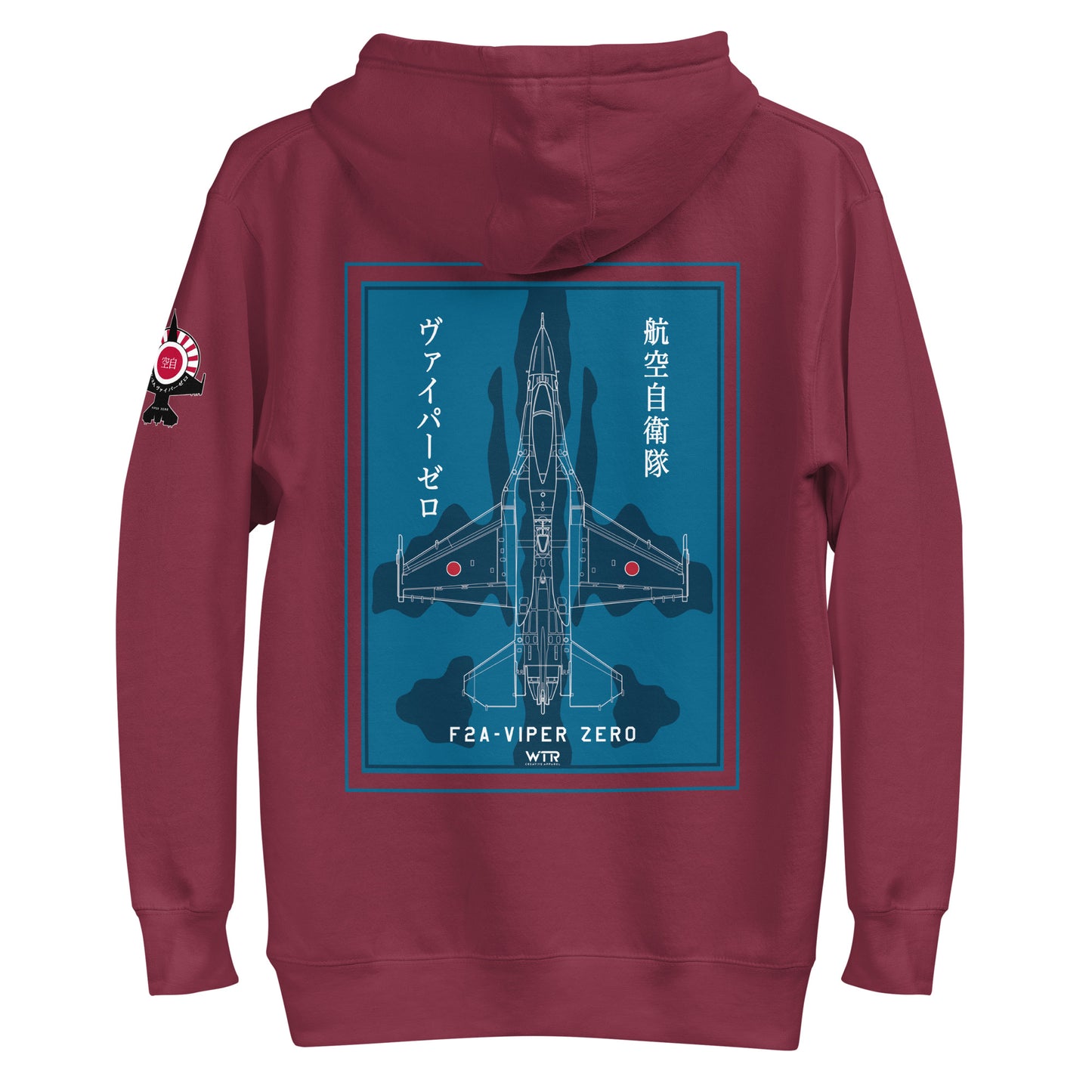 Hand-drawn schematic of the Mitsubishi F-2A Viper Zero in Maritime Blue Camouflage livery printed on a comfortable unisex hoodie.