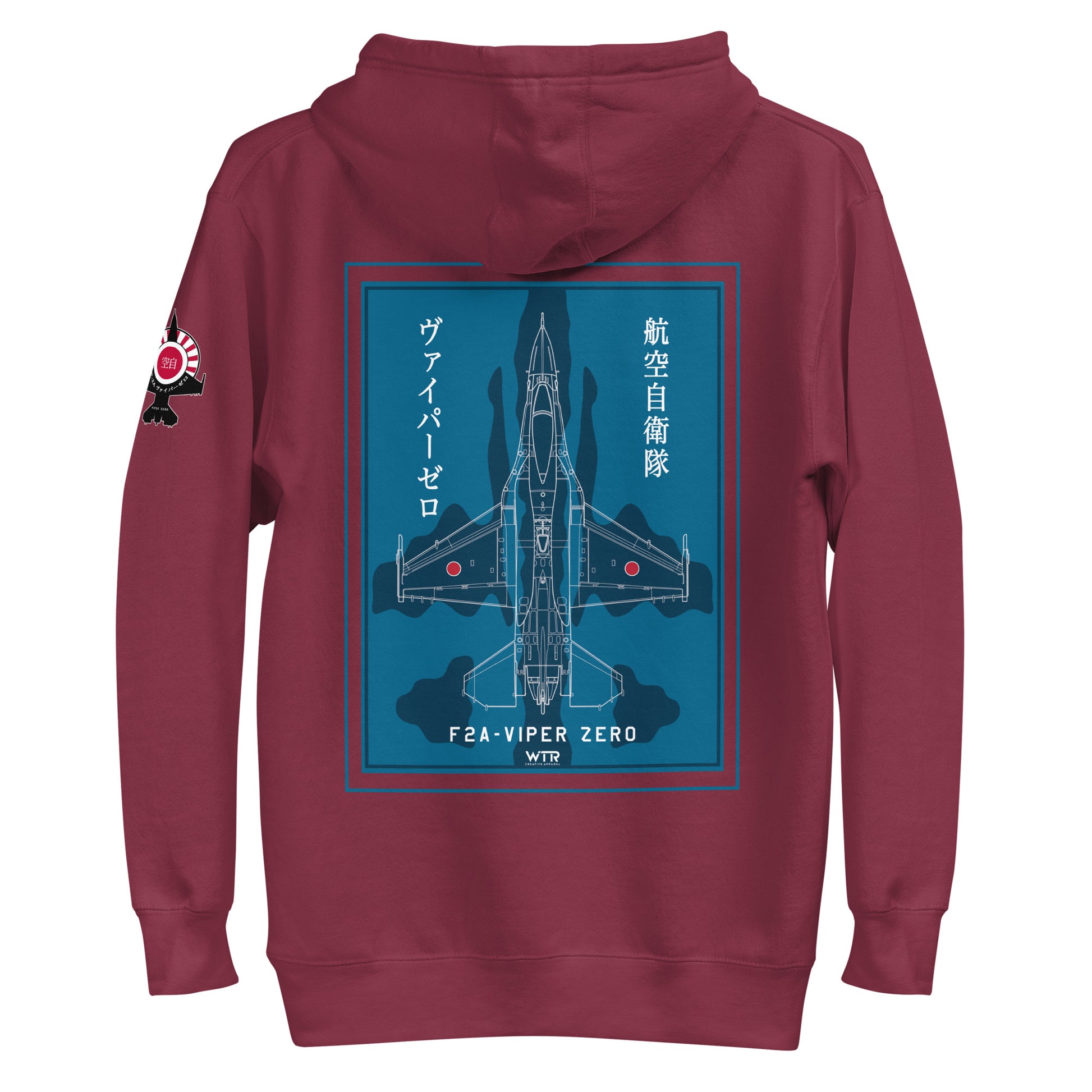 Hand-drawn schematic of the Mitsubishi F-2A Viper Zero in Maritime Blue Camouflage livery printed on a comfortable unisex hoodie.