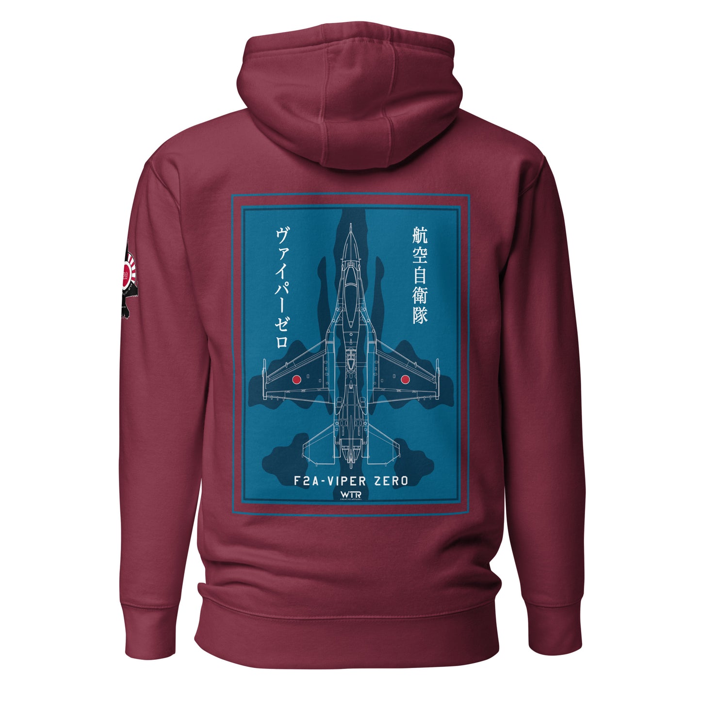 Hand-drawn schematic of the Mitsubishi F-2A Viper Zero in Maritime Blue Camouflage livery printed on a comfortable unisex hoodie.