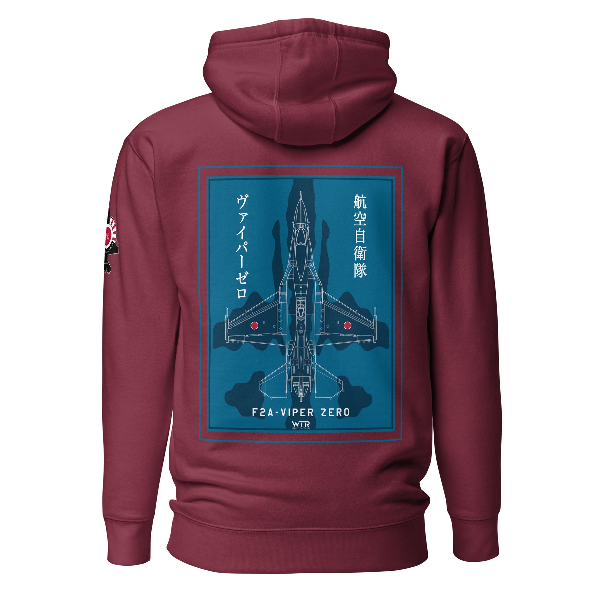 Hand-drawn schematic of the Mitsubishi F-2A Viper Zero in Maritime Blue Camouflage livery printed on a comfortable unisex hoodie.
