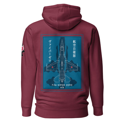 Hand-drawn schematic of the Mitsubishi F-2A Viper Zero in Maritime Blue Camouflage livery printed on a comfortable unisex hoodie.