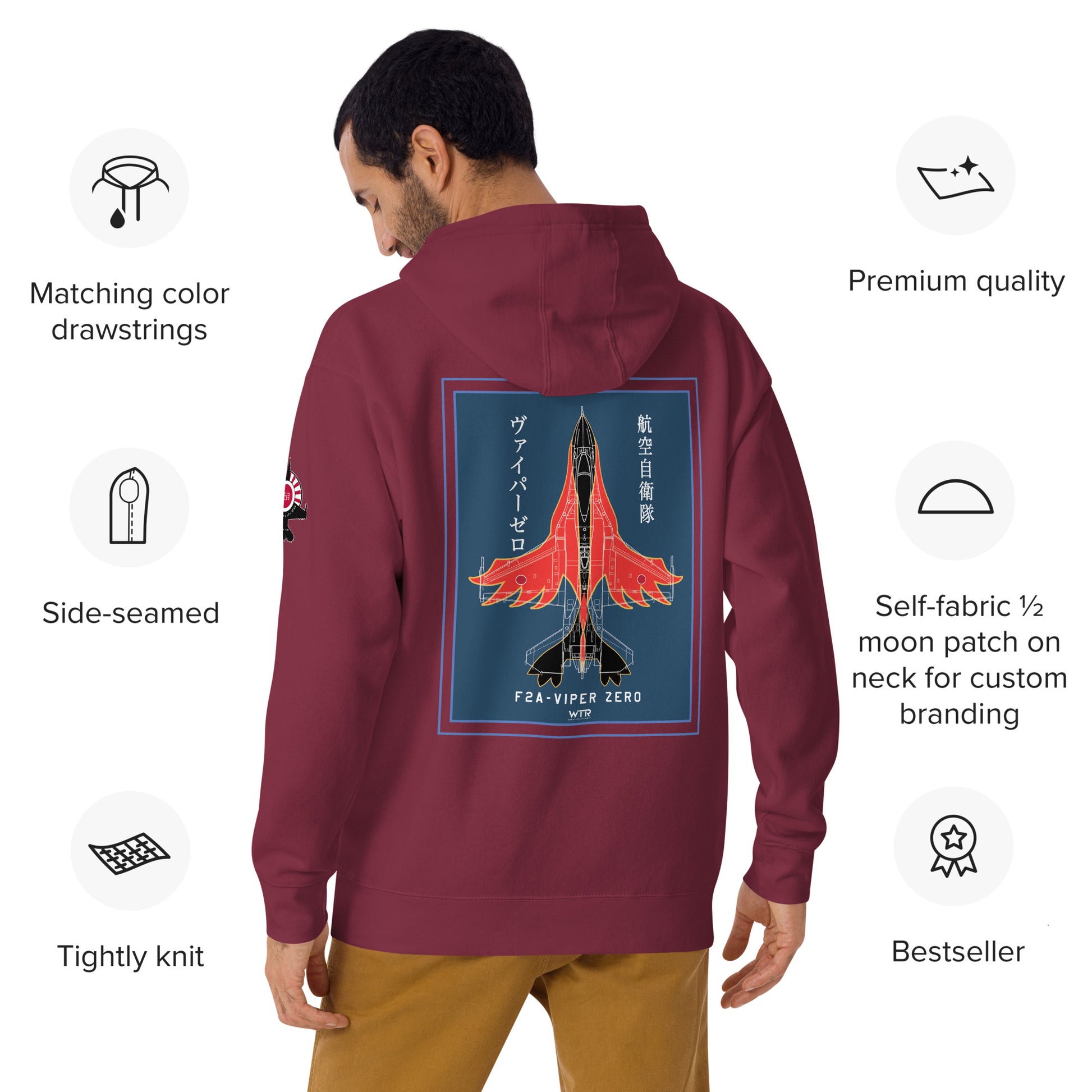 Hand-drawn schematic of the Mitsubishi F-2A Viper Zero Yatagarasu 60th Anniversary 6th Fighter Squadron livery on a unisex hoodie.