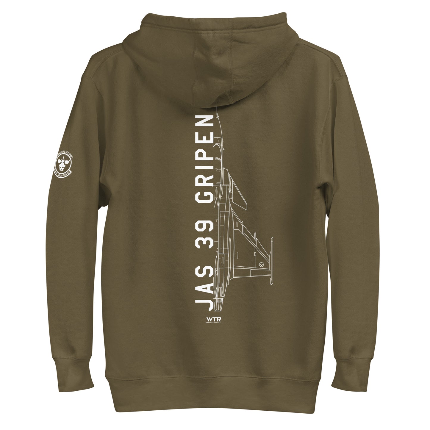 Hand-drawn schematic of the SAAB JAS 39 GRIPEN printed on a unisex hoodie.