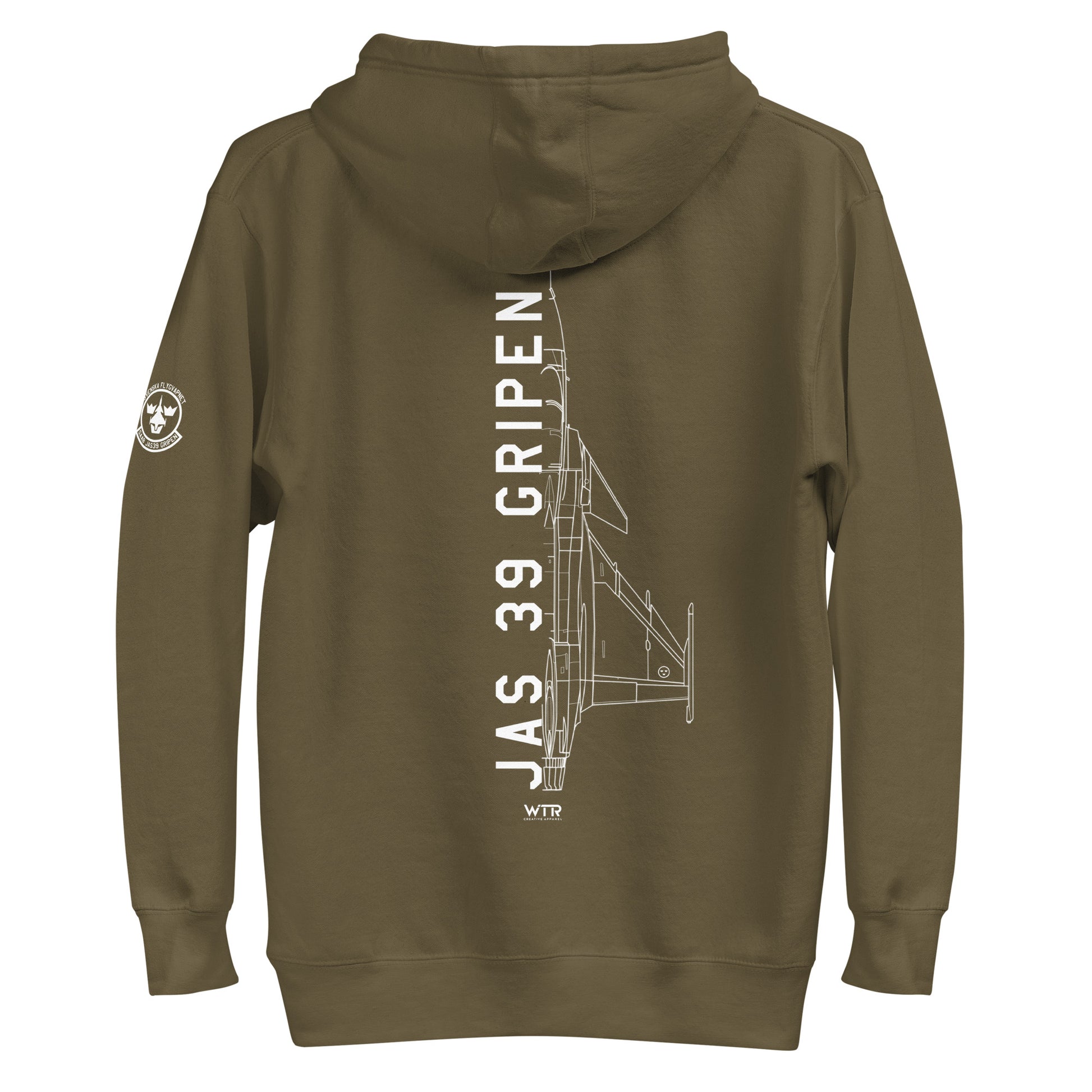 Hand-drawn schematic of the SAAB JAS 39 GRIPEN printed on a unisex hoodie.