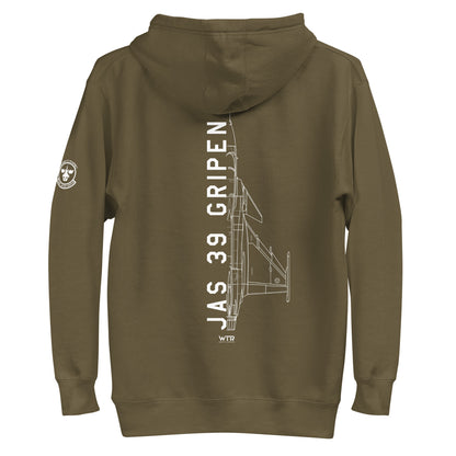 Hand-drawn schematic of the SAAB JAS 39 GRIPEN printed on a unisex hoodie.