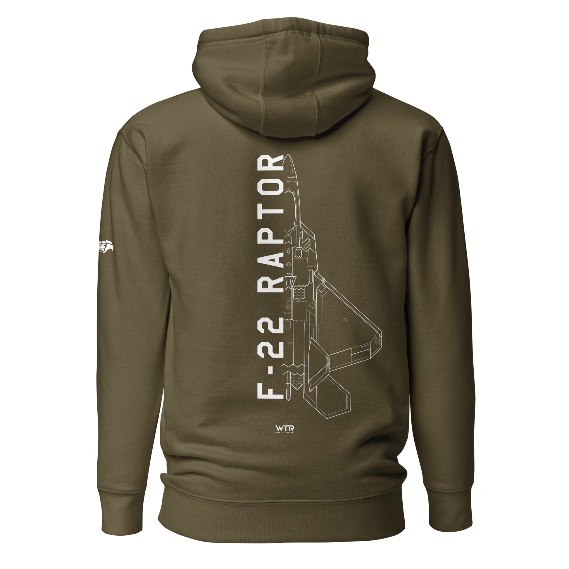 Hand-drawn technical schematic of the Lockheed Martin F-22 Raptor air superiority fighter on a unisex hoodie.