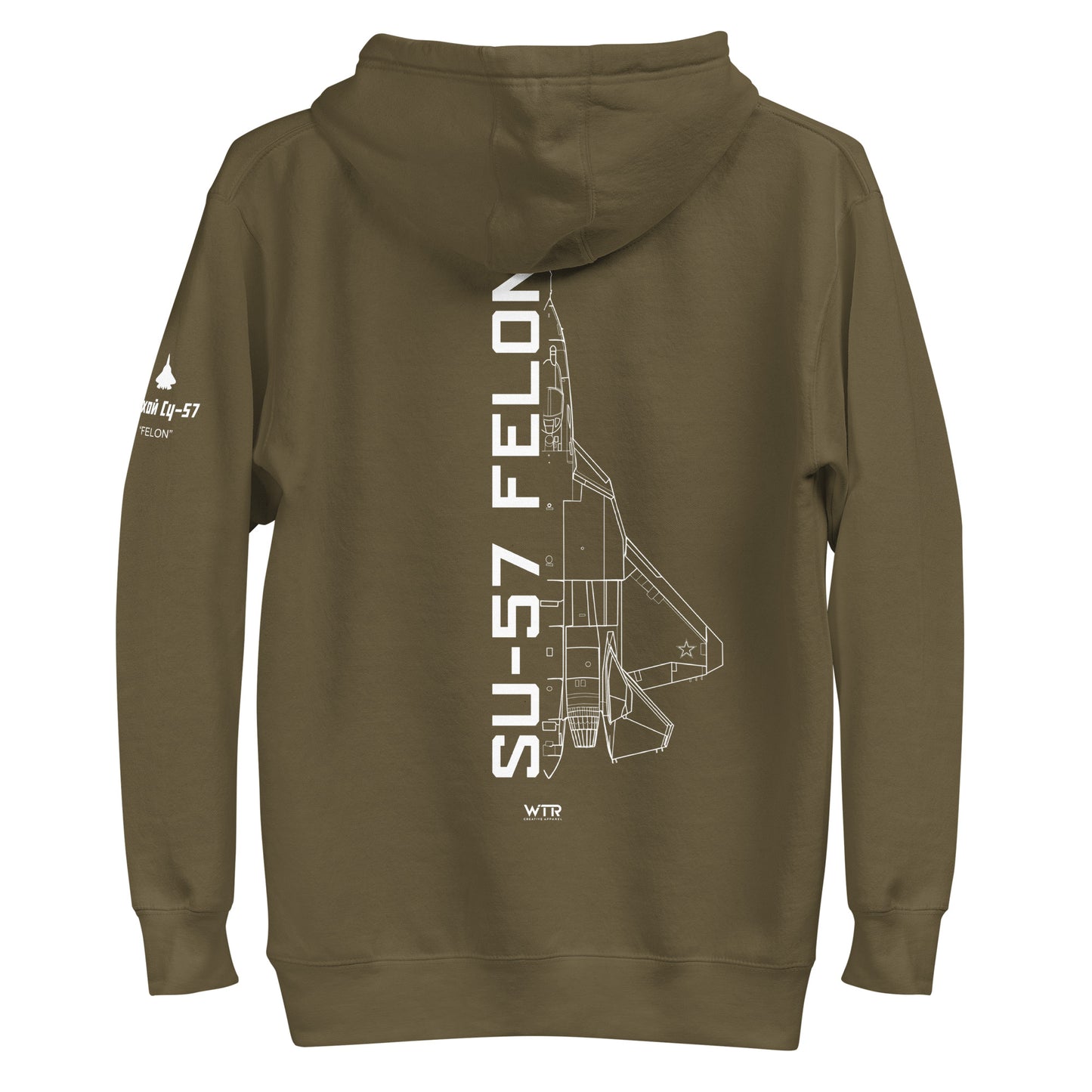 Hand-drawn schematic of the SUKHOI SU‑57 FELON printed on a unisex hoodie.