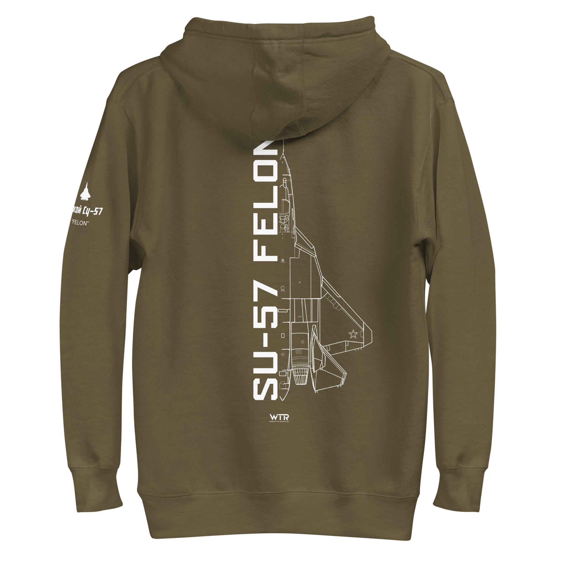 Hand-drawn schematic of the SUKHOI SU‑57 FELON printed on a unisex hoodie.