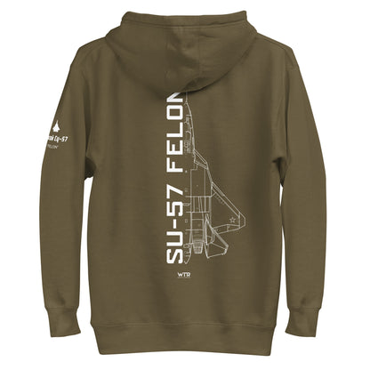 Hand-drawn schematic of the SUKHOI SU‑57 FELON printed on a unisex hoodie.
