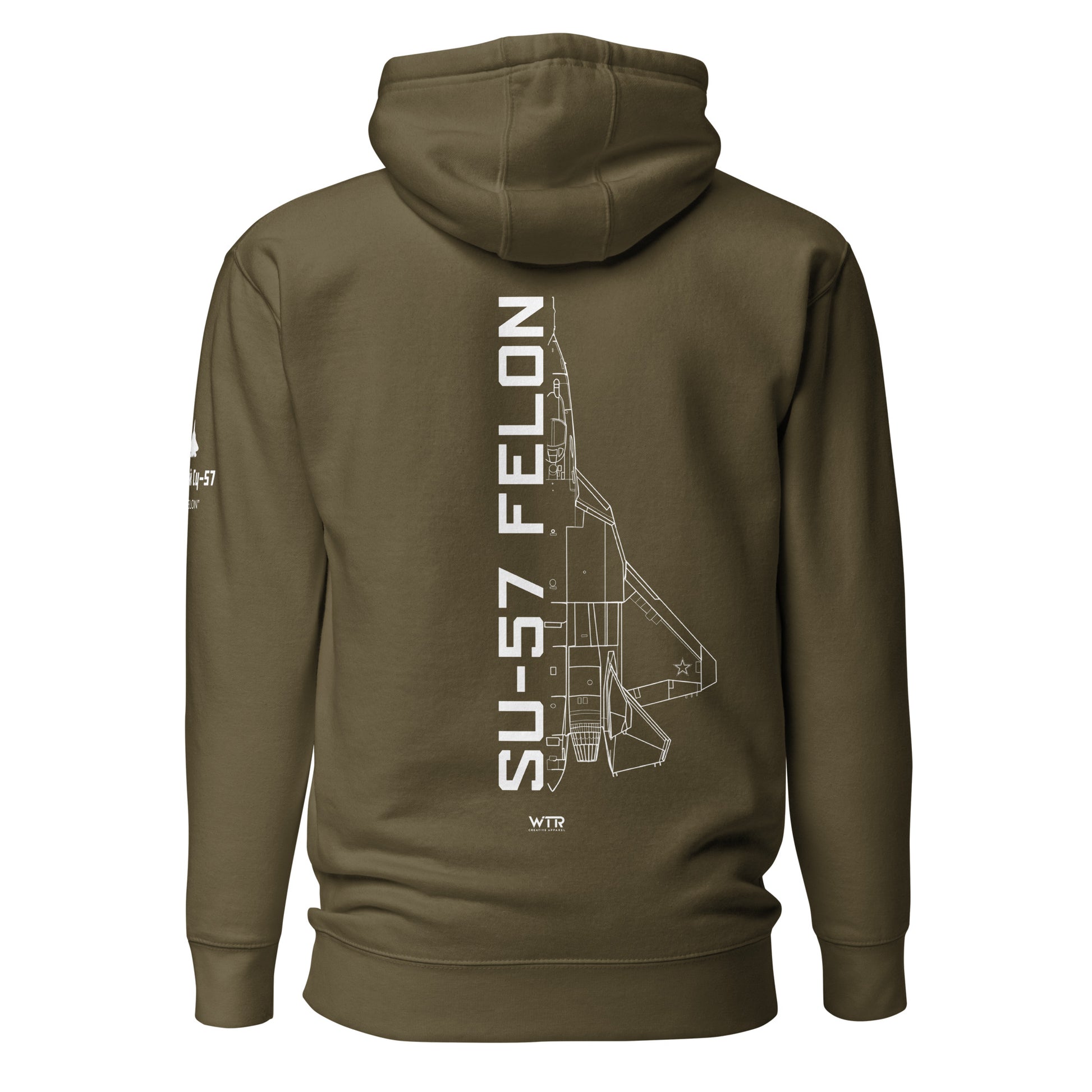 Hand-drawn technical schematic of the Sukhoi SU-57 Felon 5th-gen stealth fighter printed on a unisex hoodie.