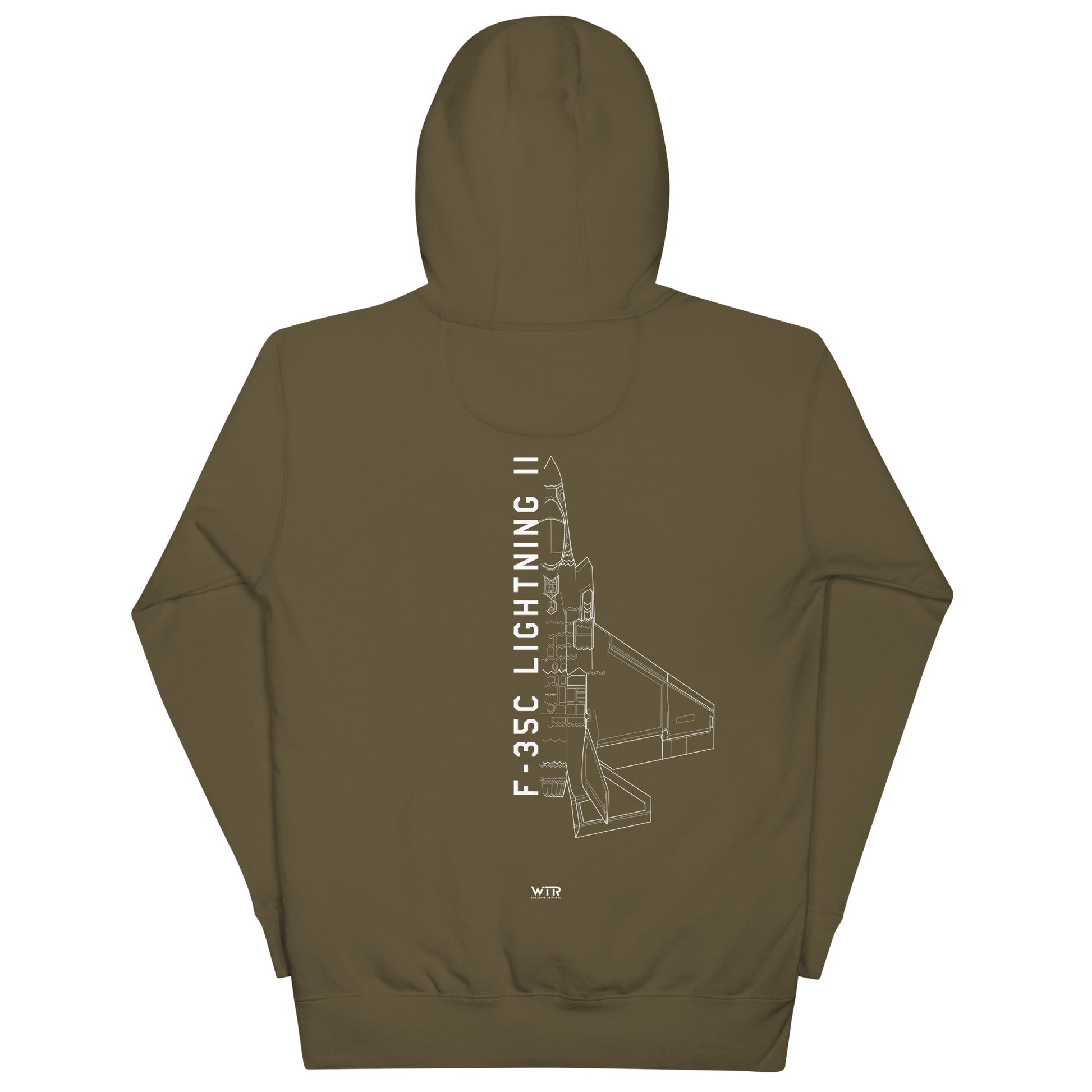 Hand-drawn schematic of the LOCKHEED MARTIN F-35C LIGHTNING II printed on a unisex hoodie.
