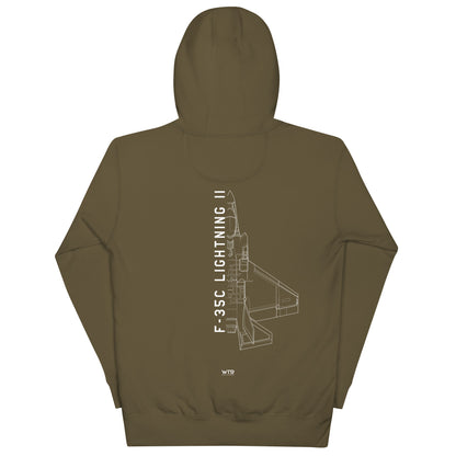 Hand-drawn schematic of the LOCKHEED MARTIN F-35C LIGHTNING II printed on a unisex hoodie.