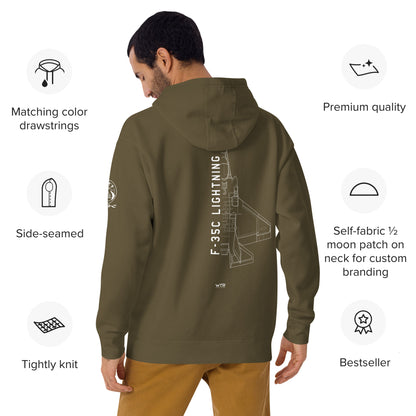 Hand-drawn schematic of the LOCKHEED MARTIN F-35C LIGHTNING II printed on a unisex hoodie.
