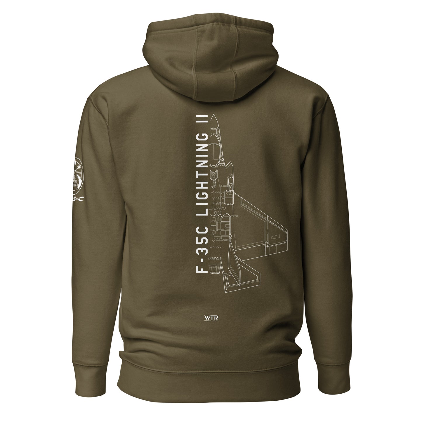 Hand-drawn schematic of the LOCKHEED MARTIN F-35C LIGHTNING II printed on a unisex hoodie.