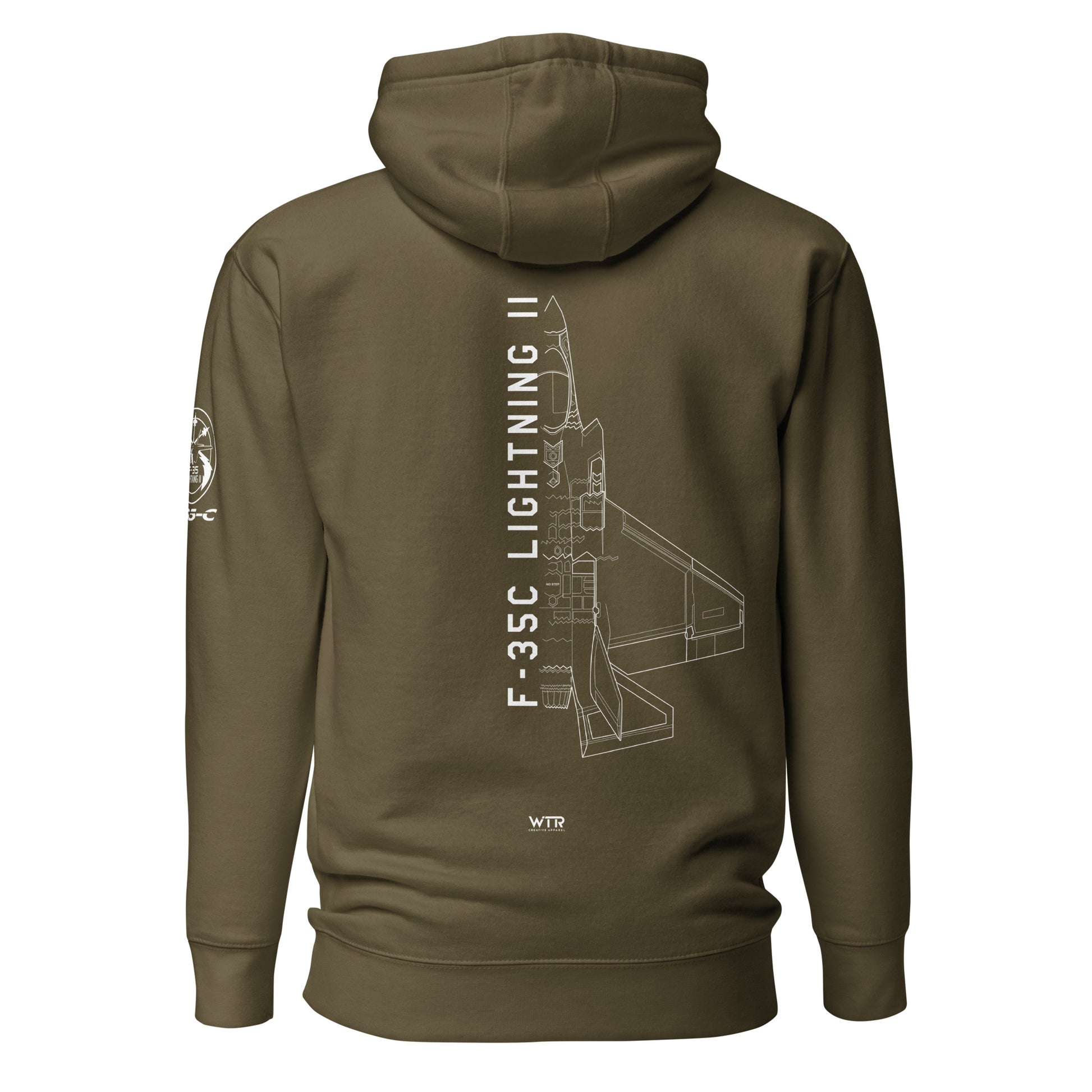 Hand-drawn technical schematic of the Lockheed Martin F-35C Lightning II (CATOBAR) carrier fighter on a unisex hoodie.