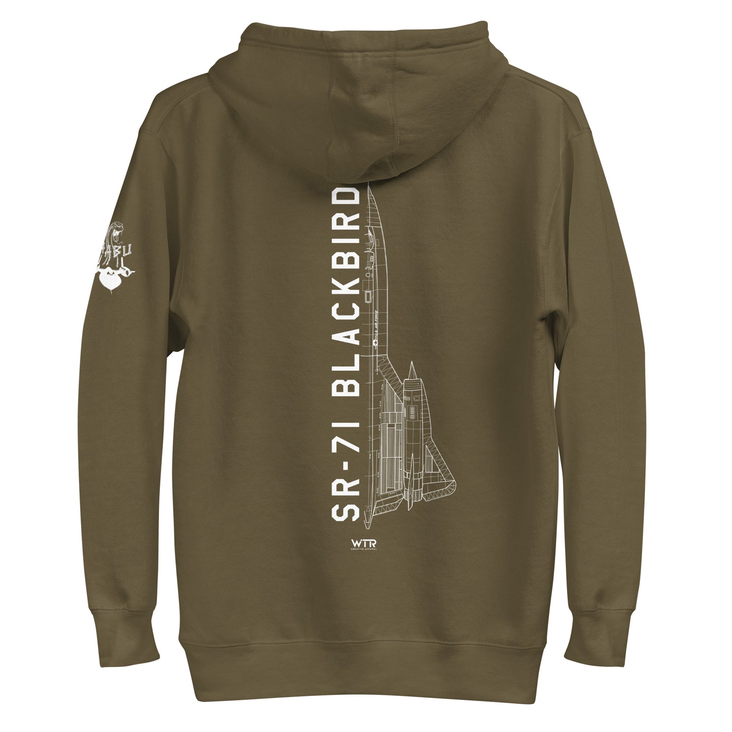 Hand-drawn schematic of the LOCKHEED MARTIN SKUNK WORKS SR-71 BLACKBIRD printed on a unisex hoodie.