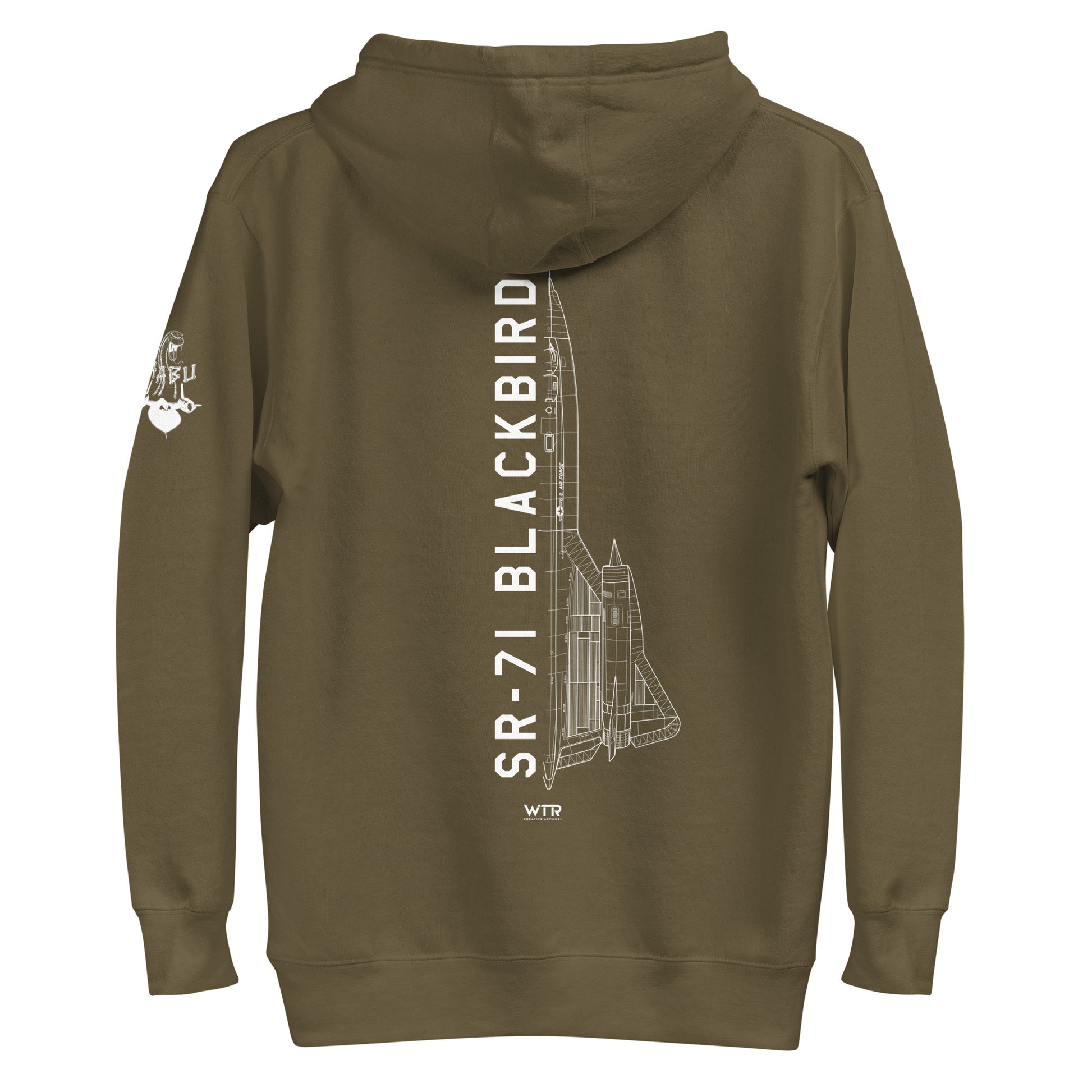 Hand-drawn schematic of the LOCKHEED MARTIN SKUNK WORKS SR-71 BLACKBIRD printed on a unisex hoodie.