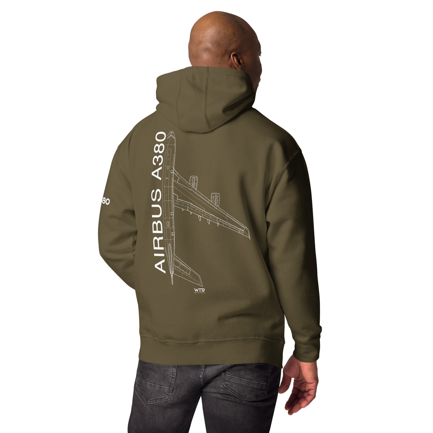 Hand-drawn schematic of the AIRBUS A380 SUPERJUMBO printed on a unisex hoodie.