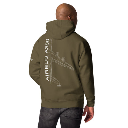 Hand-drawn schematic of the AIRBUS A380 SUPERJUMBO printed on a unisex hoodie.