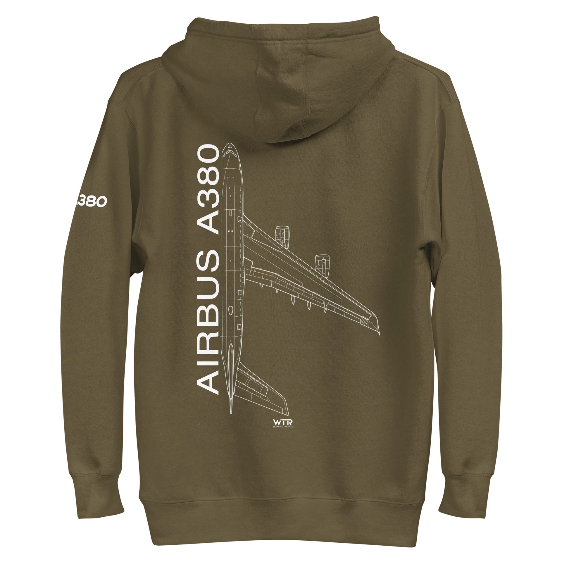 Hand-drawn schematic of the AIRBUS A380 SUPERJUMBO printed on a unisex hoodie.