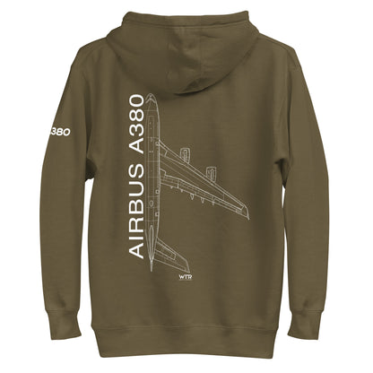 Hand-drawn schematic of the AIRBUS A380 SUPERJUMBO printed on a unisex hoodie.