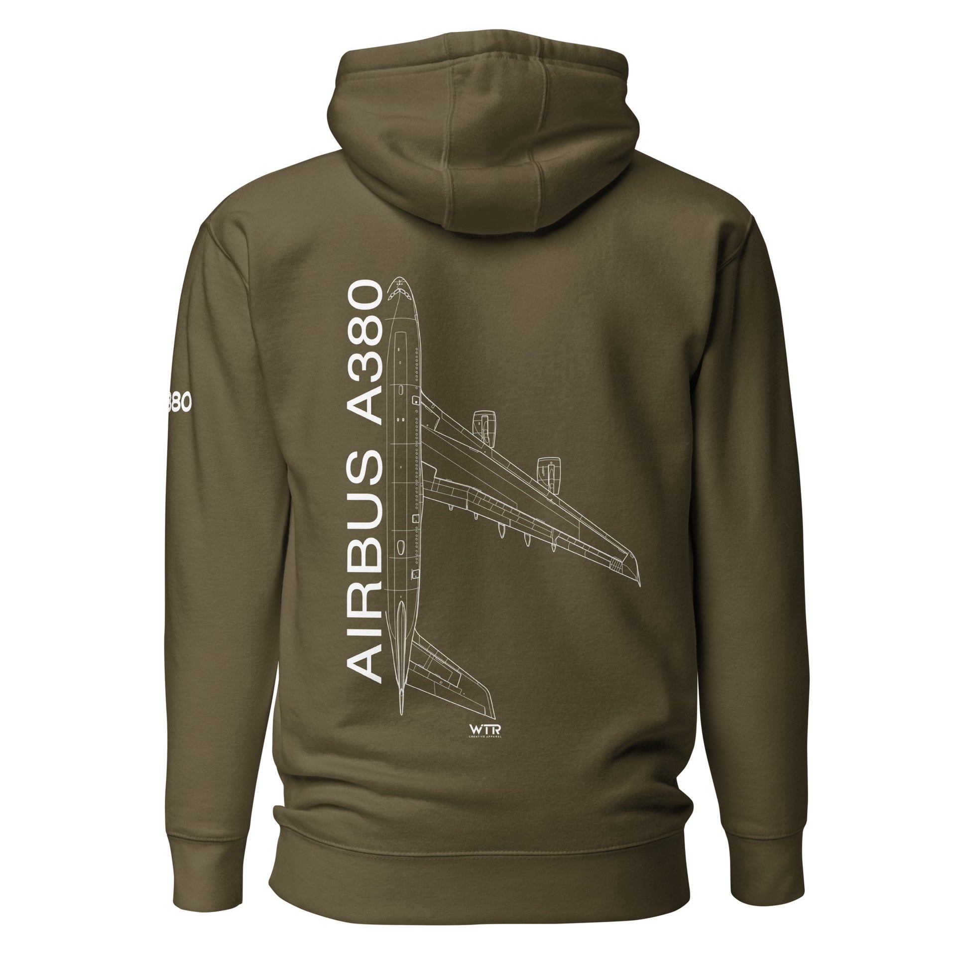 Hand-drawn technical schematic of the Airbus A380 SuperJumbo passenger airliner printed on a comfortable unisex hoodie.
