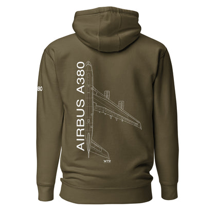 Hand-drawn schematic of the AIRBUS A380 SUPERJUMBO printed on a unisex hoodie.