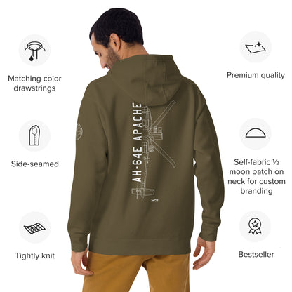 Hand-drawn schematic of the BOEING AH-64E APACHE GUARDIAN printed on a unisex hoodie.