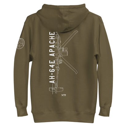 Hand-drawn schematic of the BOEING AH-64E APACHE GUARDIAN printed on a unisex hoodie.