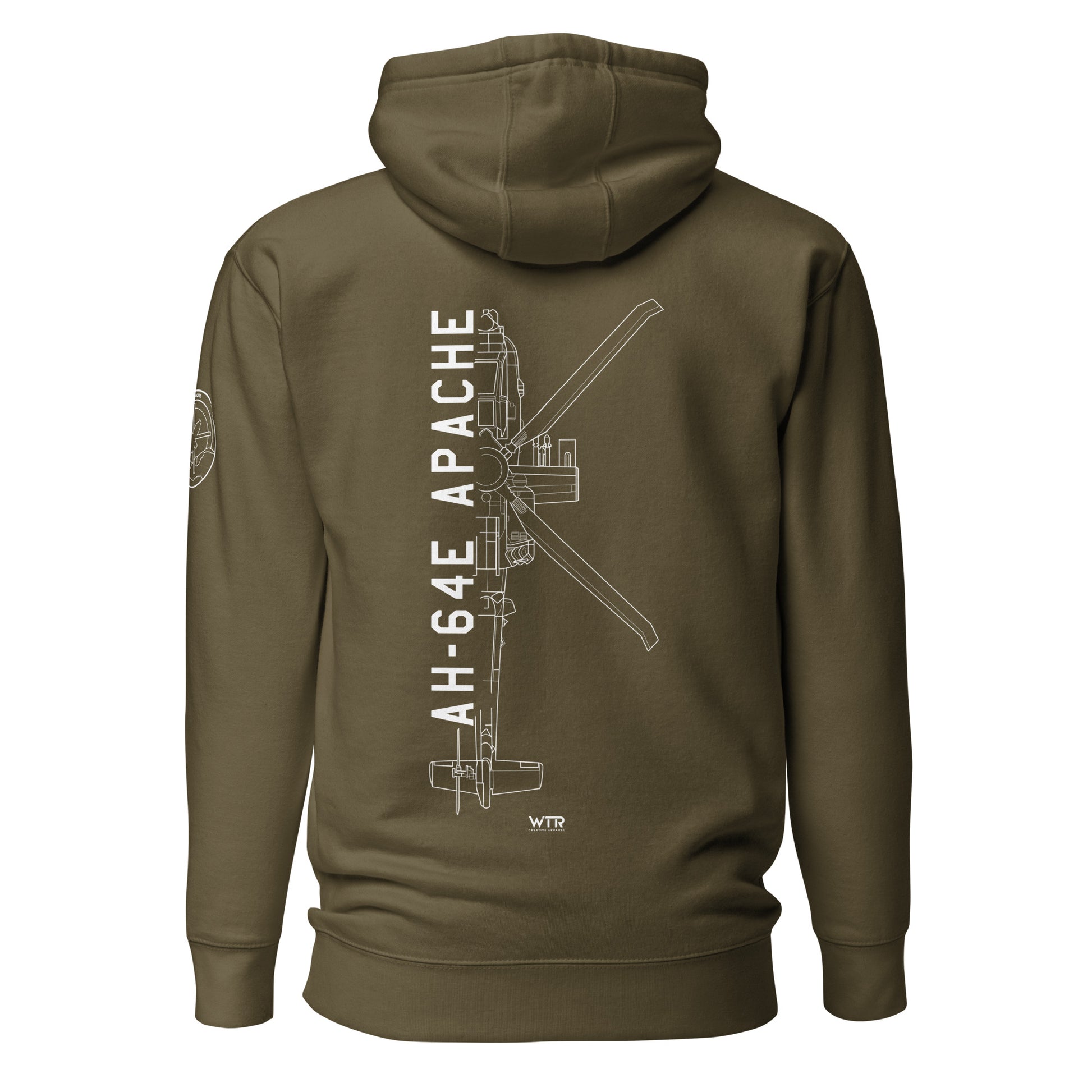 Hand-drawn technical schematic of the Boeing AH-64E Apache Guardian attack helicopter printed on a unisex hoodie.
