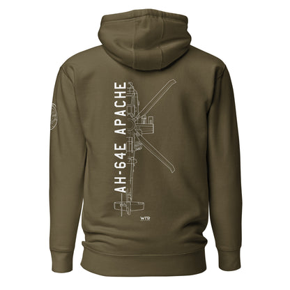 Hand-drawn schematic of the BOEING AH-64E APACHE GUARDIAN printed on a unisex hoodie.
